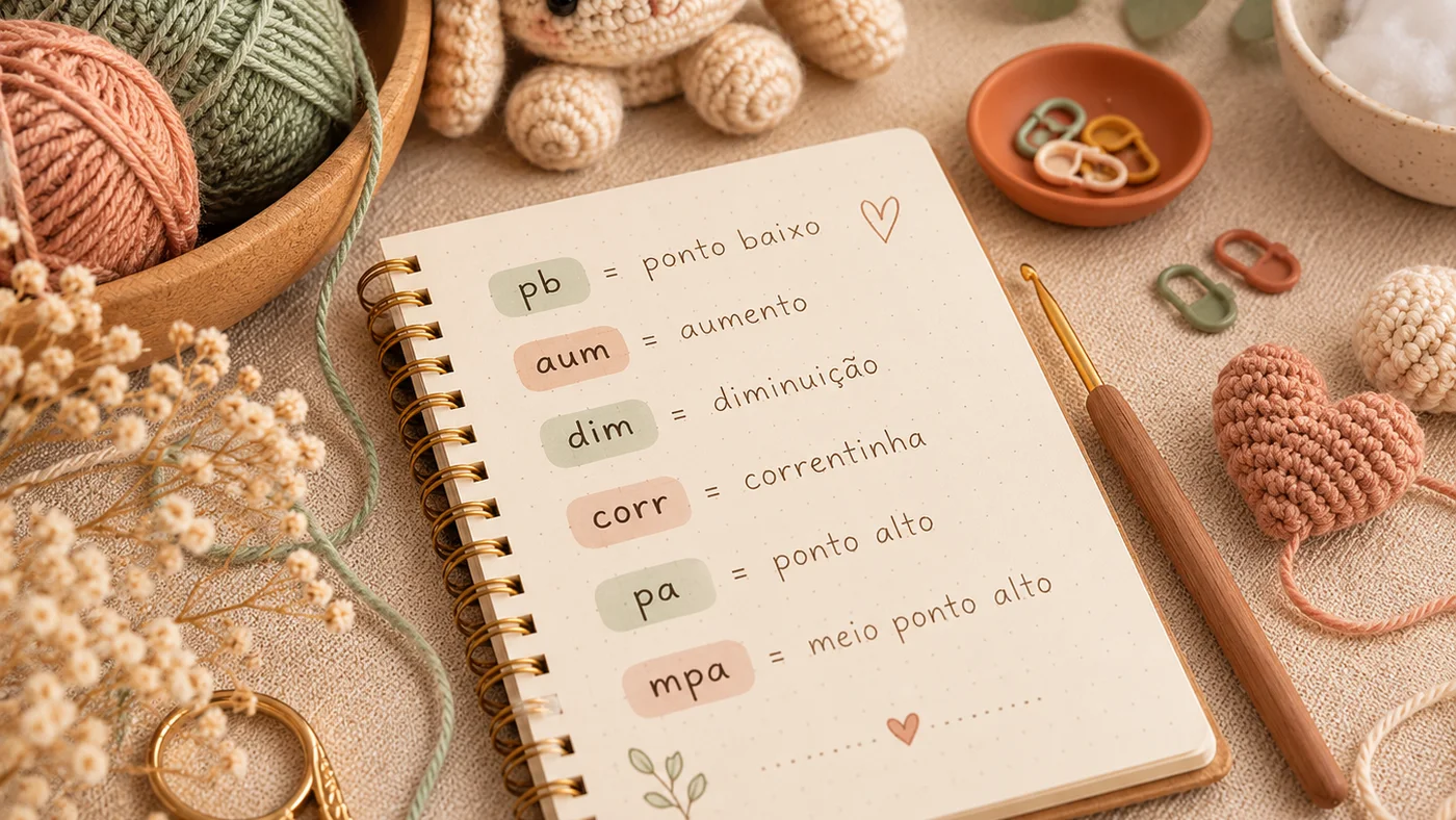 Caderno com abreviações de crochê como pb, aum, dim, corr, pa e mpa