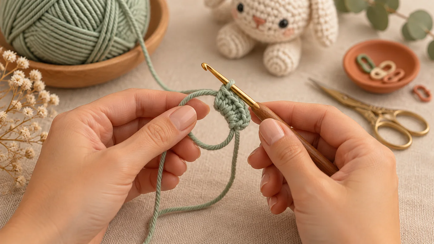 Mãos fazendo um anel mágico de crochê com fio verde