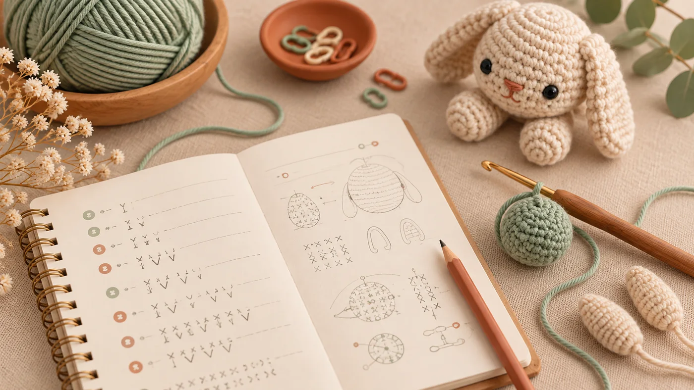 Caderno aberto com receita, diagramas e partes de um amigurumi