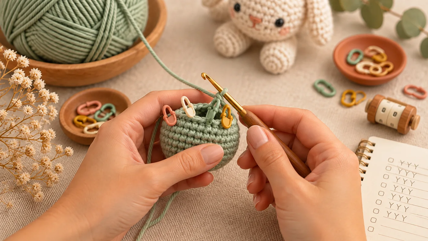 Peça de amigurumi com marcadores de pontos, contador e anotações