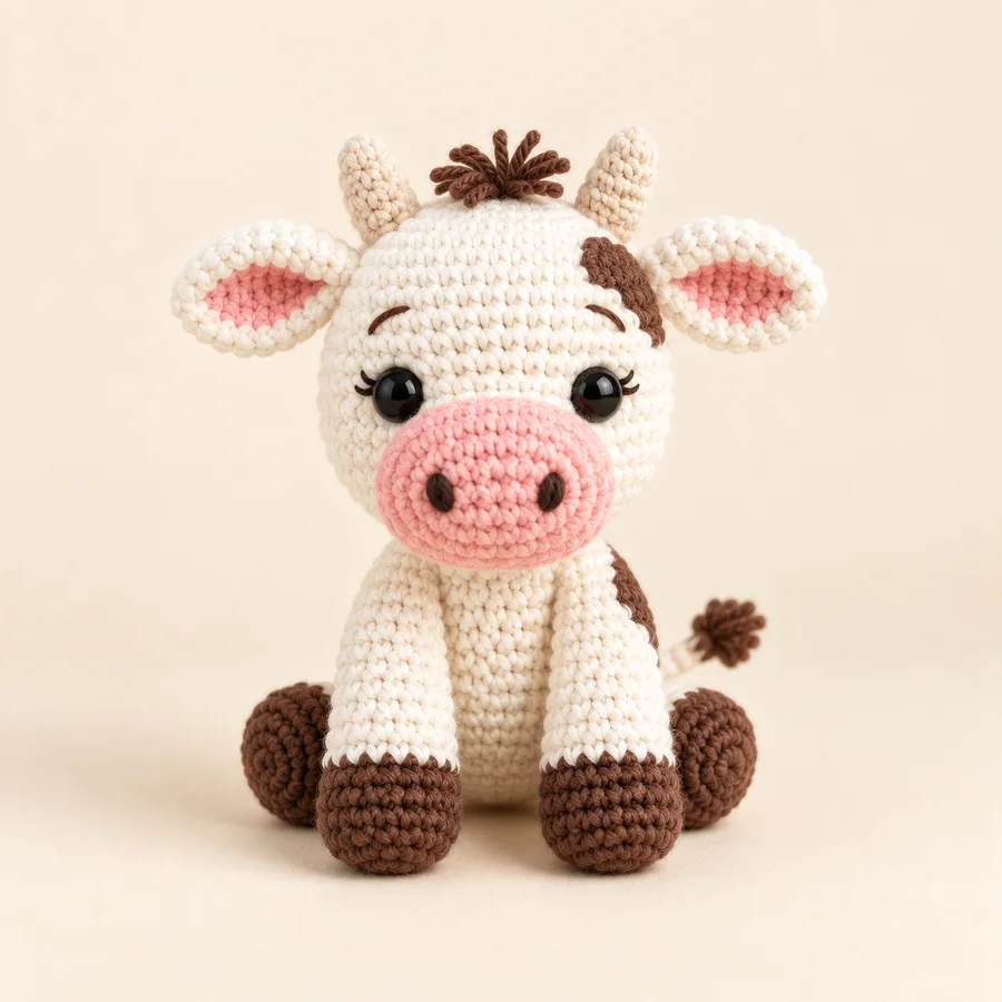 Vaquinha creme de amigurumi com focinho rosa